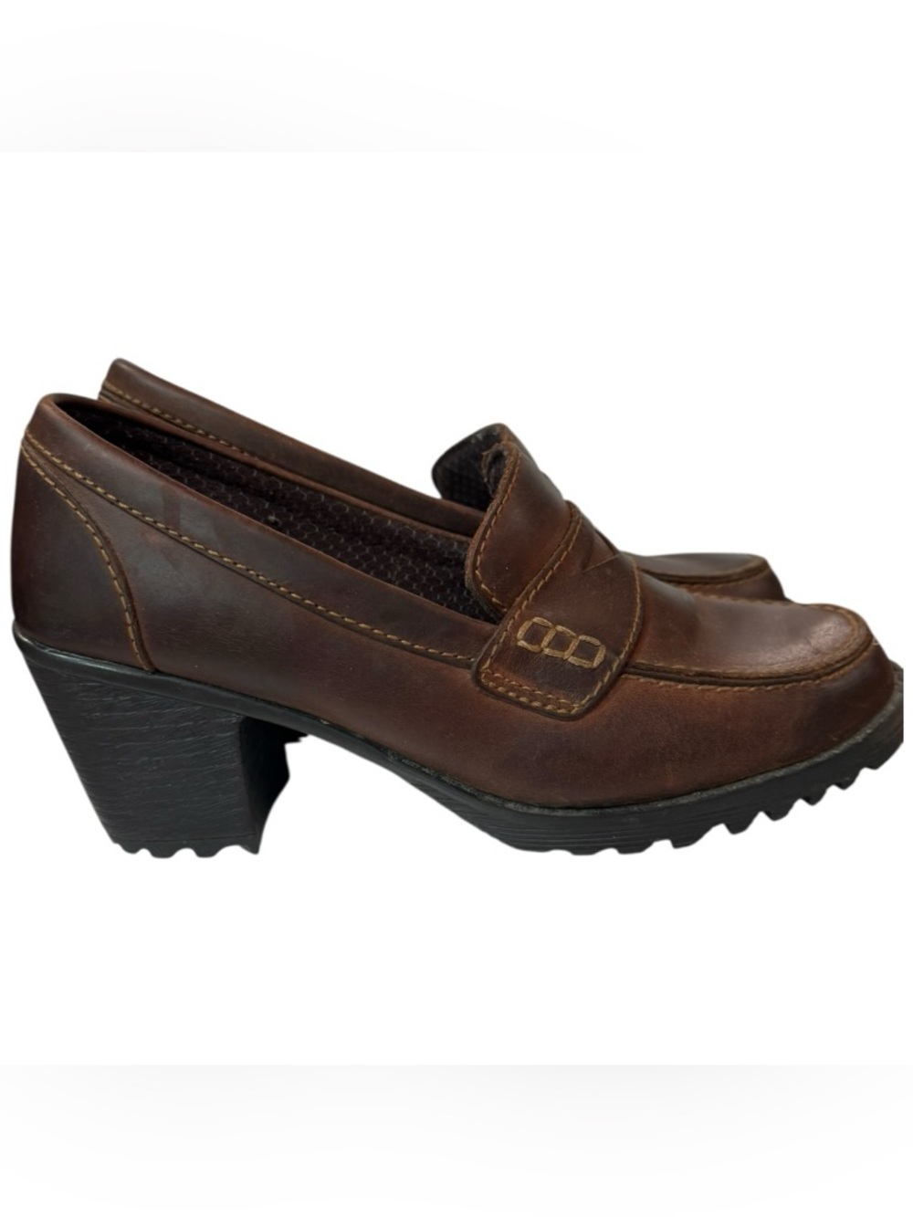 Eastland Moon Beam Brown Leather Loafer Heels Chunky Lug Sole Size 8.5 - Picture 5 of 11